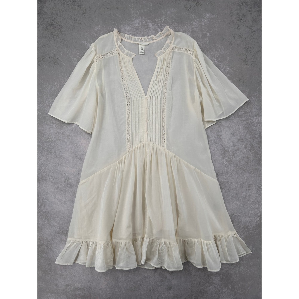 H&M Womens Cream Lace Pintuck Pleated Ruffle Mini Dress Boho Sheer SZ Large